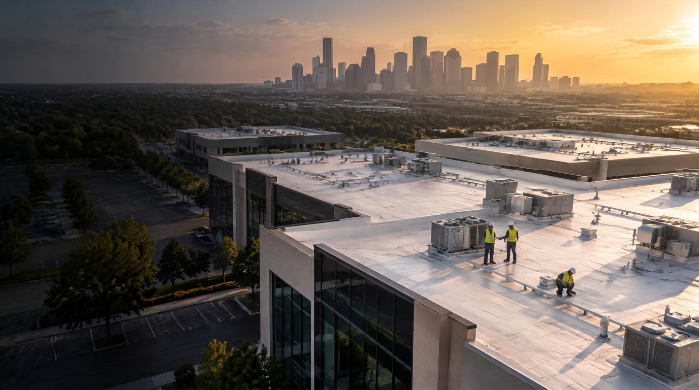 Commercial flat roofs overlooking the Houston skyline