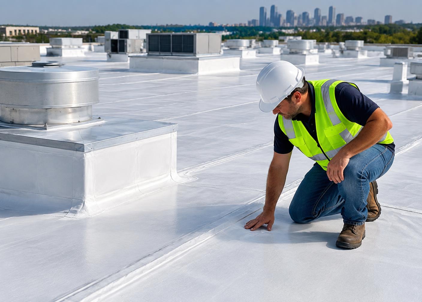Commercial roof inspector checking a membrane seam